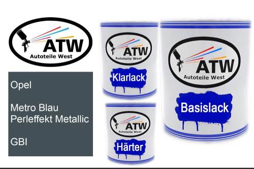 Opel, Metro Blau Perleffekt Metallic, GBI: 1L Lackdose + 1L Klarlack + 500ml Härter - Set, von ATW Autoteile West.